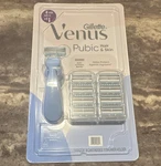 Gillette Venus Pubic Hair & Skin 5-BLADE Razor + Cartridges, Shower Hanger Blue. Fixed Price $25.75.