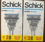(2) Schick Hydro Dry Skin 5-BLADE Razor, 1 Handle 3 Cartridges Value Pack. Fixed Price $14.99.