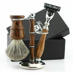 Wooden Mens Shaving Set With Brush Manual 3 Edge Razor & Stand. Fixed Price $59.99.