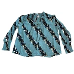 Nic+zoe Blouse Women's Sz Xl Blue Rolling Reef Top Long Sleeve Smocked Tie Front. Fixed Price $30.00.